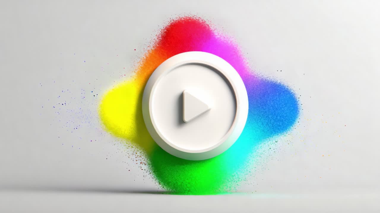 A Creative Visualization of a Play Button Surrounded by Colorful Powder Explosions, Depicting the Joy and Energy of Multimedia Content in Dynamic Motion