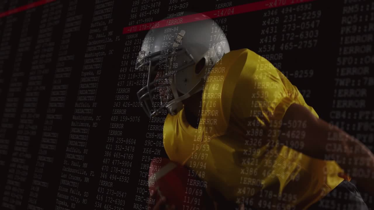 football player throwing football in tech stage, with scrolling code and red error highlight