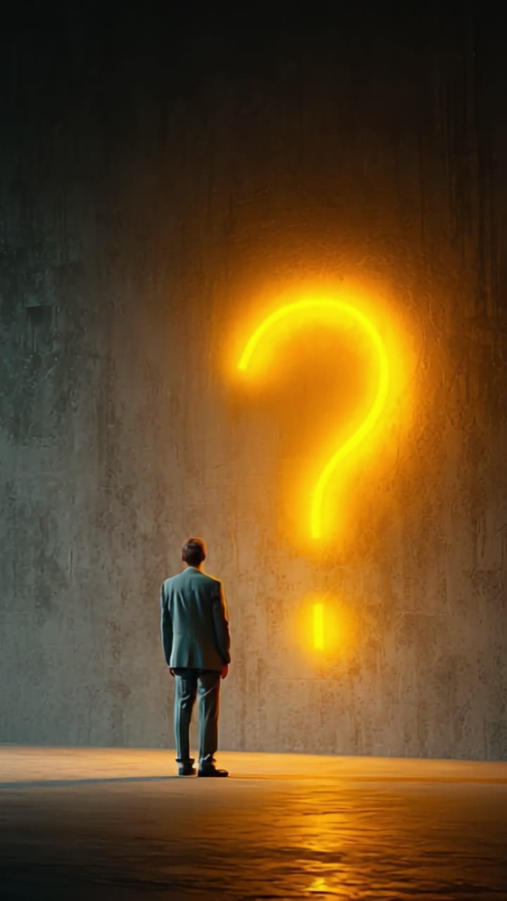 A Man Contemplates Life's Unanswered Questions Beneath a Bright Neon Question Mark in a Minimalist Concrete Room