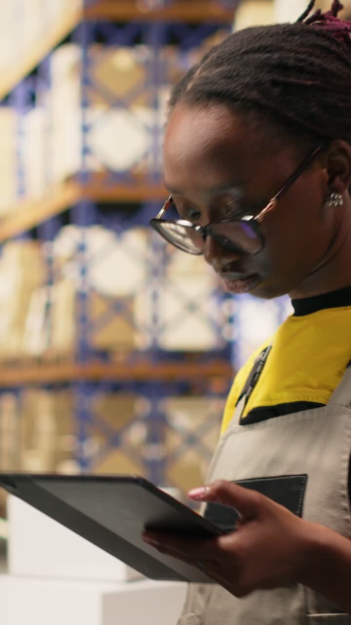 Vertical Video African american e-commerce worker scanning shipping labels numbers
