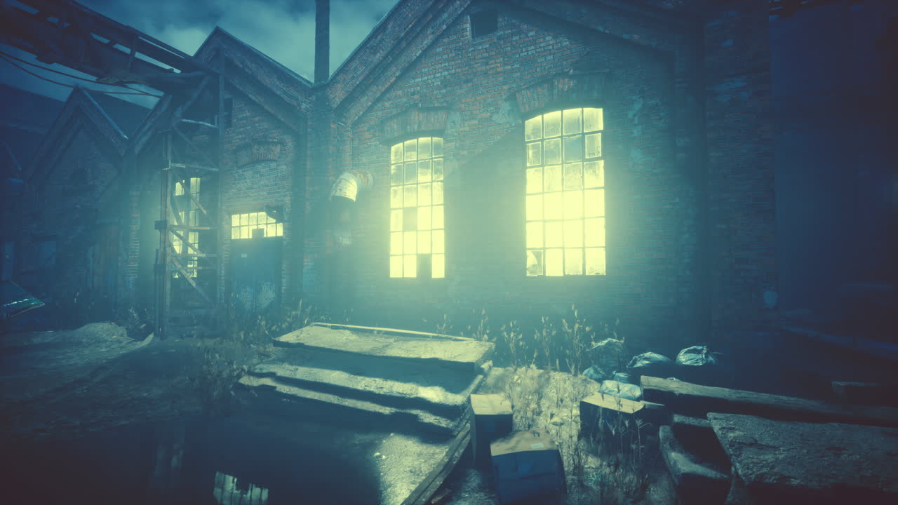 안개 가 있는 산업 도시 거리 도시 야간 풍경