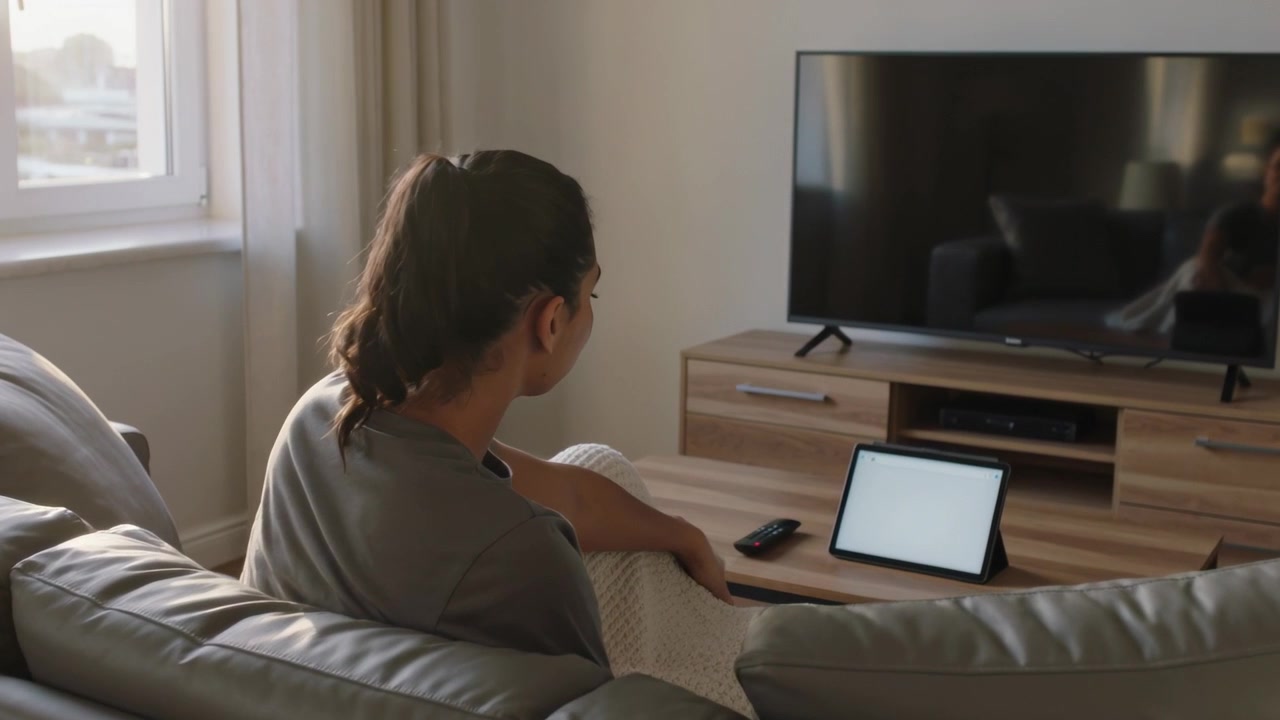 Picking up textured throw, woman in tee arranging on sofa at home getting cozy, checking tablet