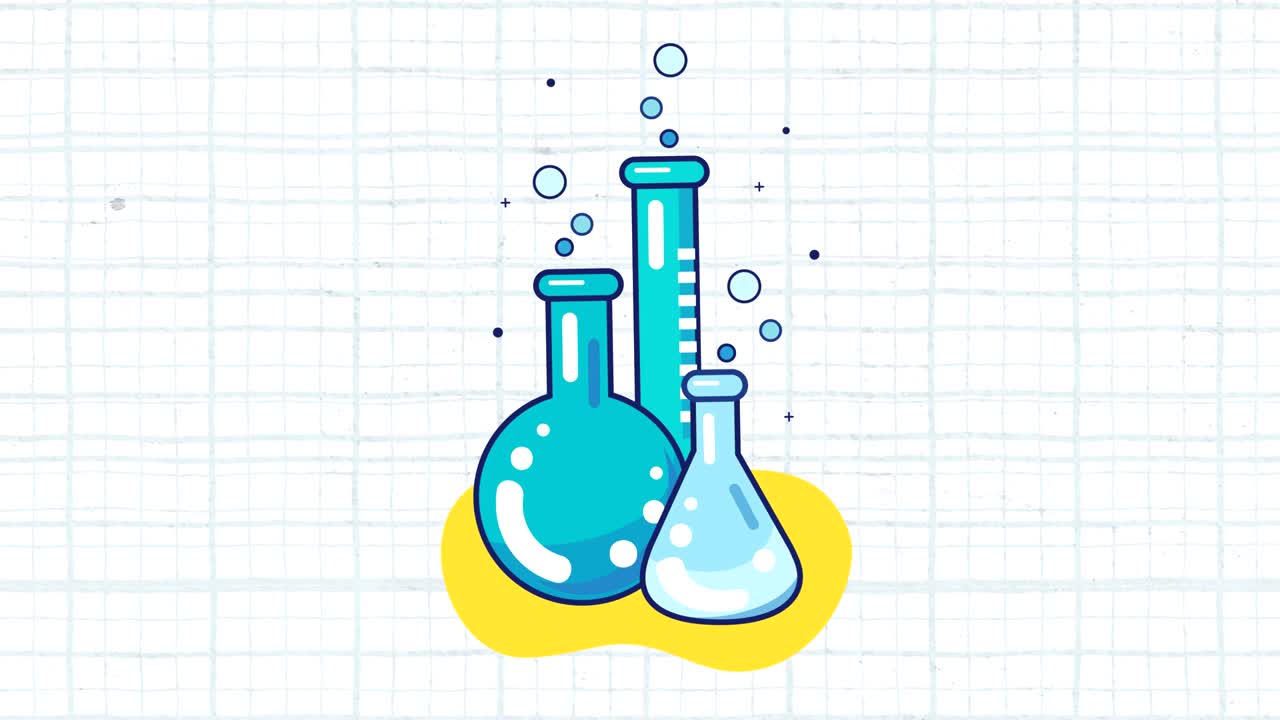 Animation of several test tubes and beakers with blue grid on a white background