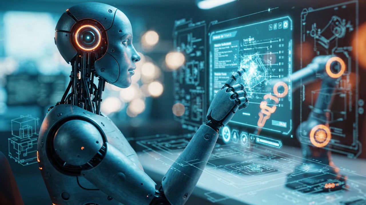 A Futuristic Robot and Robotic Arm in a High-Tech Environment Analyzing Data Through an Interactive Display with Glowing Visuals Explores Automation Technology
