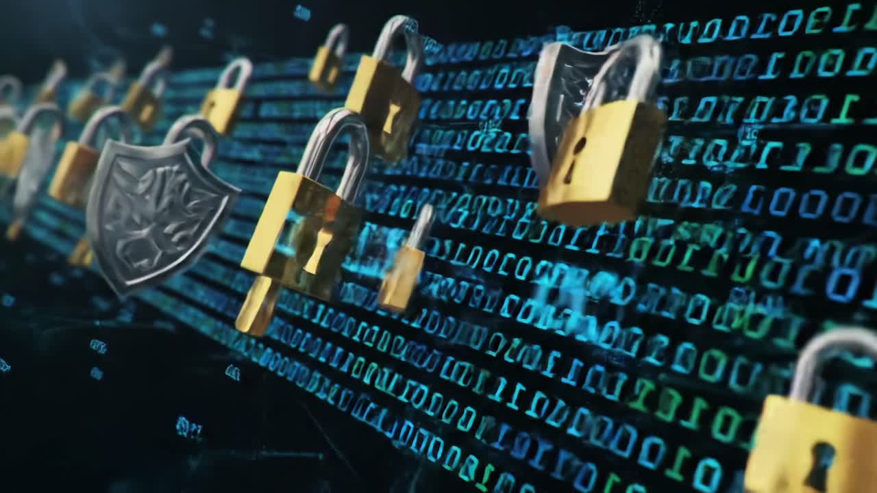 A Digital Landscape Showcasing Cybersecurity Elements, Featuring Multiple Locks and Shields Symbolizing Data Protection and Encryption in a High-Tech Environment