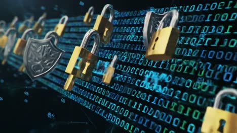 a digital landscape showcasing cybersecurity elements, featuring multiple locks and shields symbolizing data protection and encryption in a high-tech environment