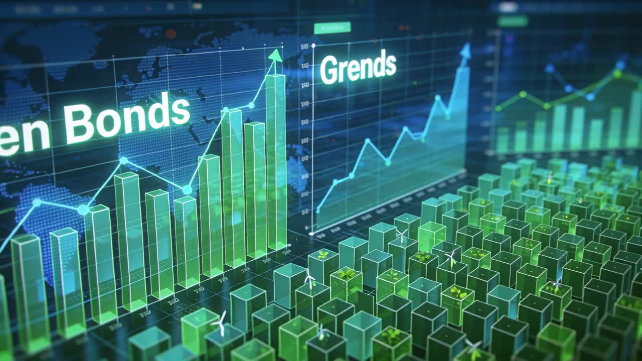 Tidslinjen går fremover, 3D finansdashboard viser voksende Green Bonds-søyler, Grends-linjen stiger og viser vekst.