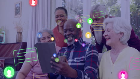 animation of social media icons and data over smiling senior diverse friends with tablet