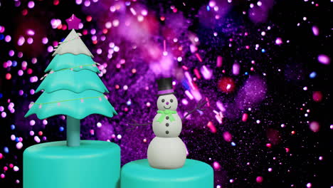animación de rociadores coloridos salpicando en el árbol de navidad giratorio y el muñeco de nieve