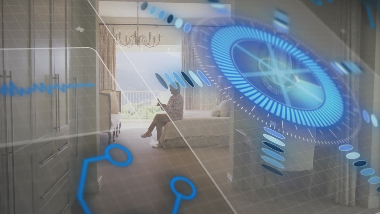 Senior woman lifting smartphone and tapping screen initiating circular tech interface scanning room