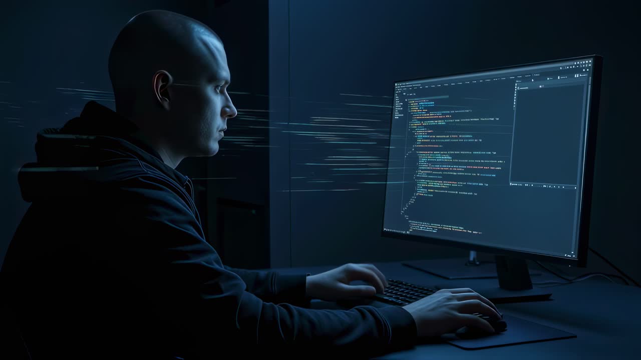 A dedicated programmer is burning the midnight oil, immersed in a challenging coding project within a dimly lit office illuminated by soothing blue lights