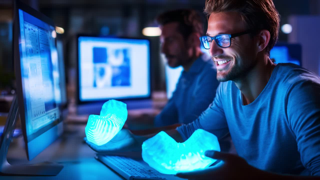 A Smiling Individual Engages with Innovative Light-Emitting Shell-Shaped Objects, Demonstrating New Technology in a Modern Digital Workspace with Colleagues Nearby