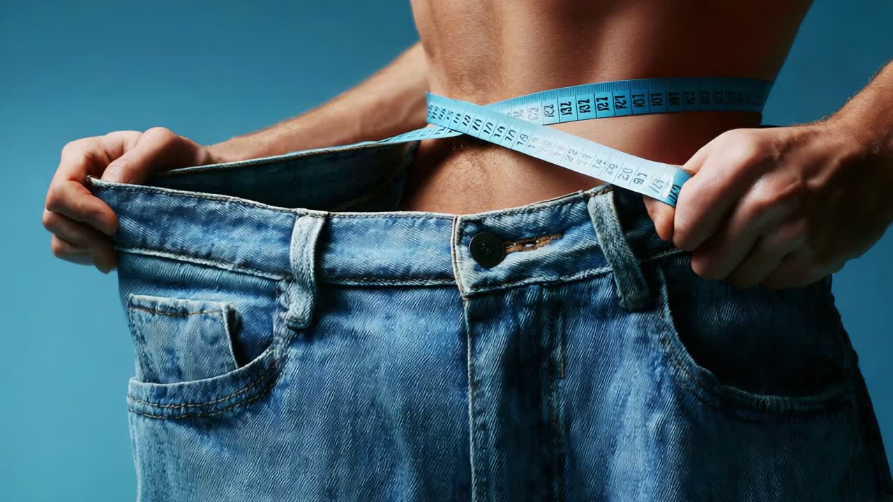 Transformation Journey: Showcasing a Remarkable Body Change with Loose Jeans and Measuring Tape Used to Document Weight Loss Progress and Healthy Lifestyle Achievements