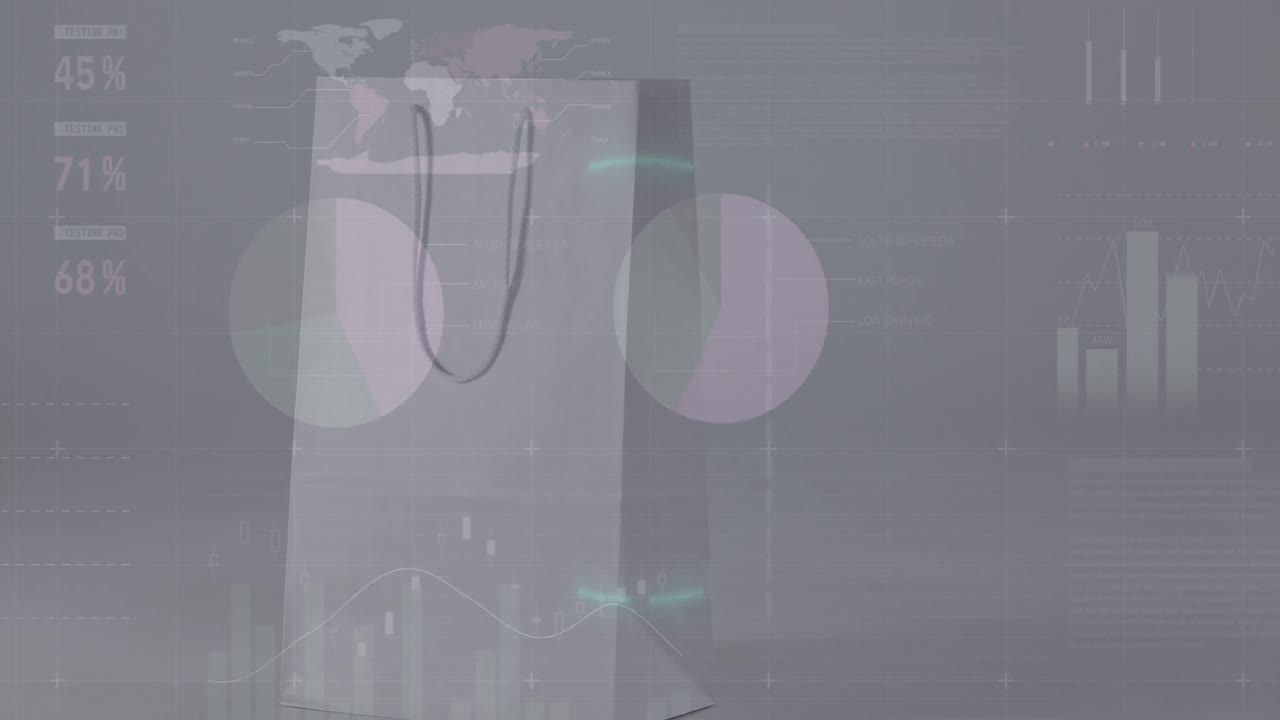 종이 쇼핑백 위에 금융 데이터와 그래프의 애니메이션