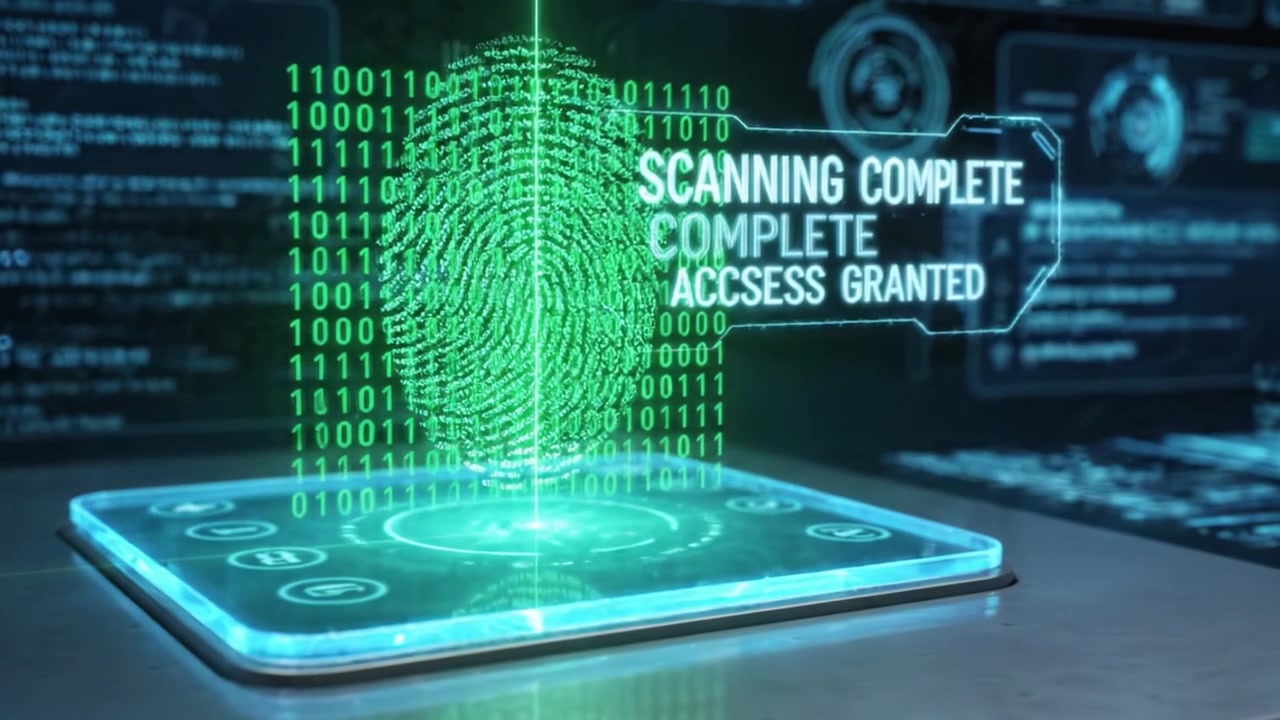 A High-Tech Security System Demonstration: Exploring Digital Access Granting through Advanced Scanning Technology and Data Visualization in a Futuristic Environment