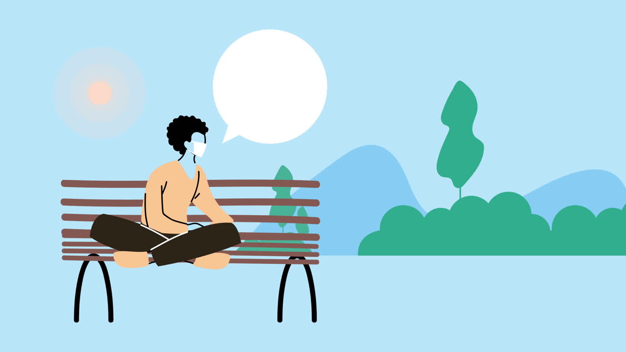 코로나19 예방을 위해 의료 마스크를 착용한 젊은이가 공원 의자에 앉아 있습니다.