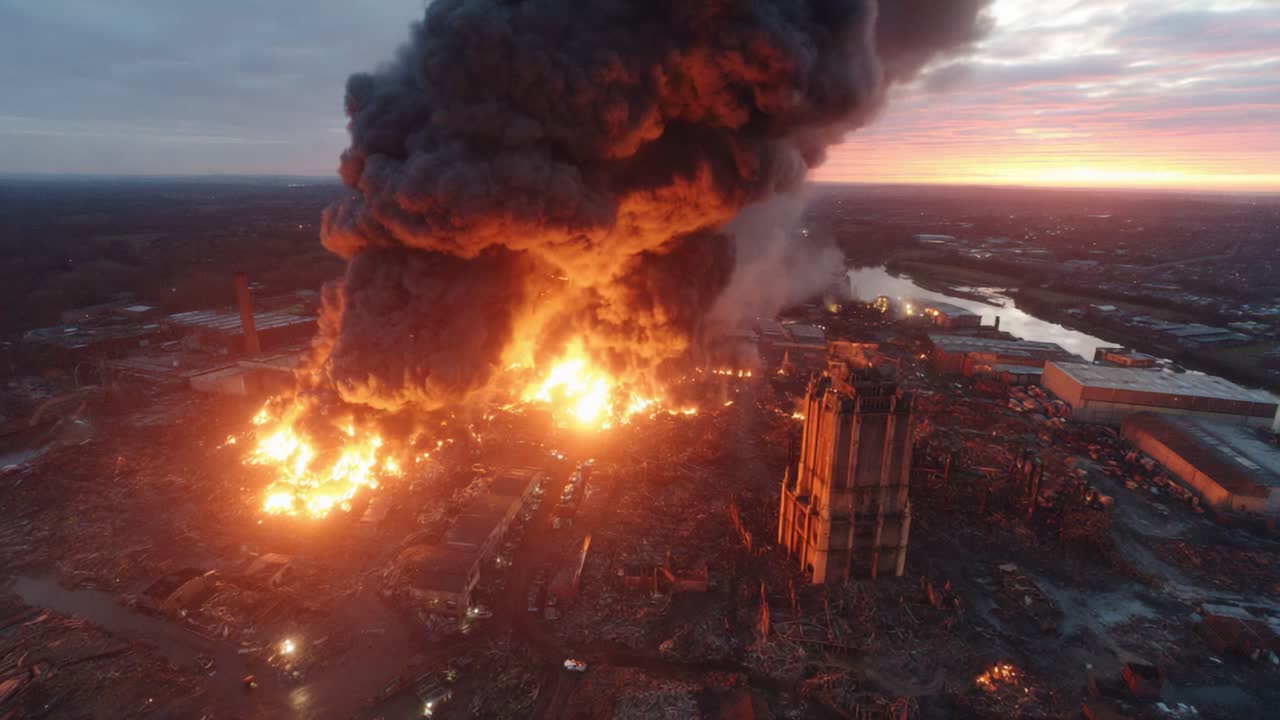 Vasto incendio industriale al crepuscolo: vista aerea di un incendio catastrofico con fiamme intense e denso fumo che si alza nel cielo serale
