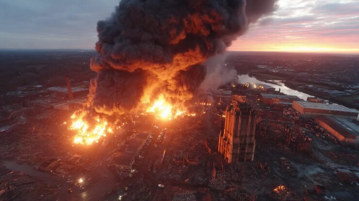 Massive Industrial Fire at Dusk: Aerial View of a Catastrophic Blaze with Dramatic Flames and Thick Smoke Billowing Into the Evening Sky