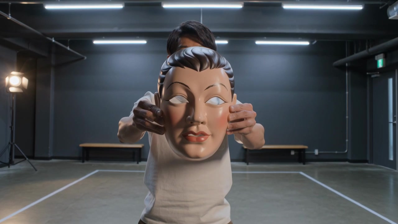 Uomo che si allunga tirando fuori un oggetto di scena lucido a forma di viso da una cassa in studio, indossando una maglietta bianca, preparando una performance