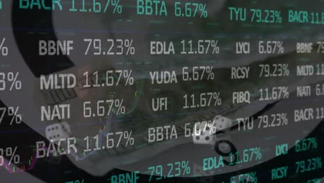 animation of financial data processing over dice and american dollar bills on green background