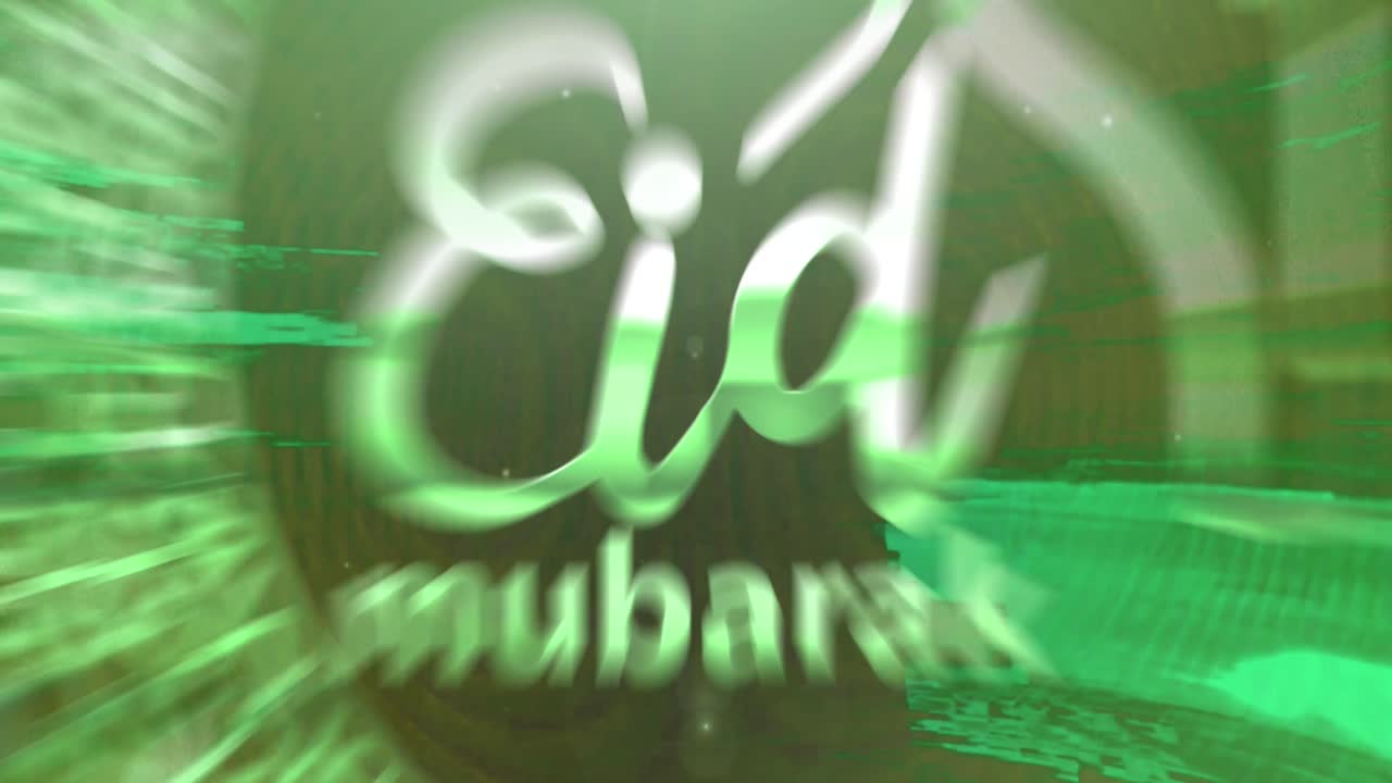 Animation of text eid mubarak, with mosque and crescent moon design, in green light