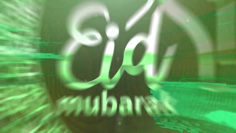 animation of text eid mubarak, with mosque and crescent moon design, in green light