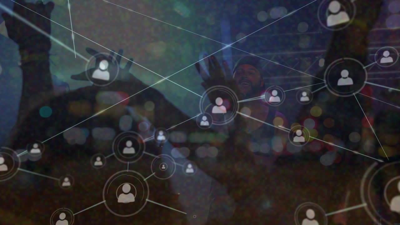 animación de la red de conexiones con iconos sobre personas bailando