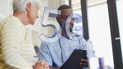 animation of 5g, 5th generation text over diverse doctor explaining prescription to senior woman