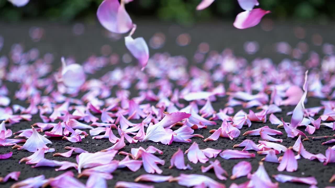 Close-up video of pink petals gently falling against a blurred green background, captured from a low