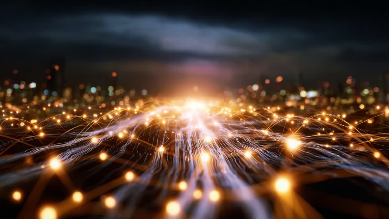 A Stunning Visualization of Electric Energy Flow in an Urban Landscape with Radiating Lights and Dynamic Lines Illustrating Connectivity and Movement