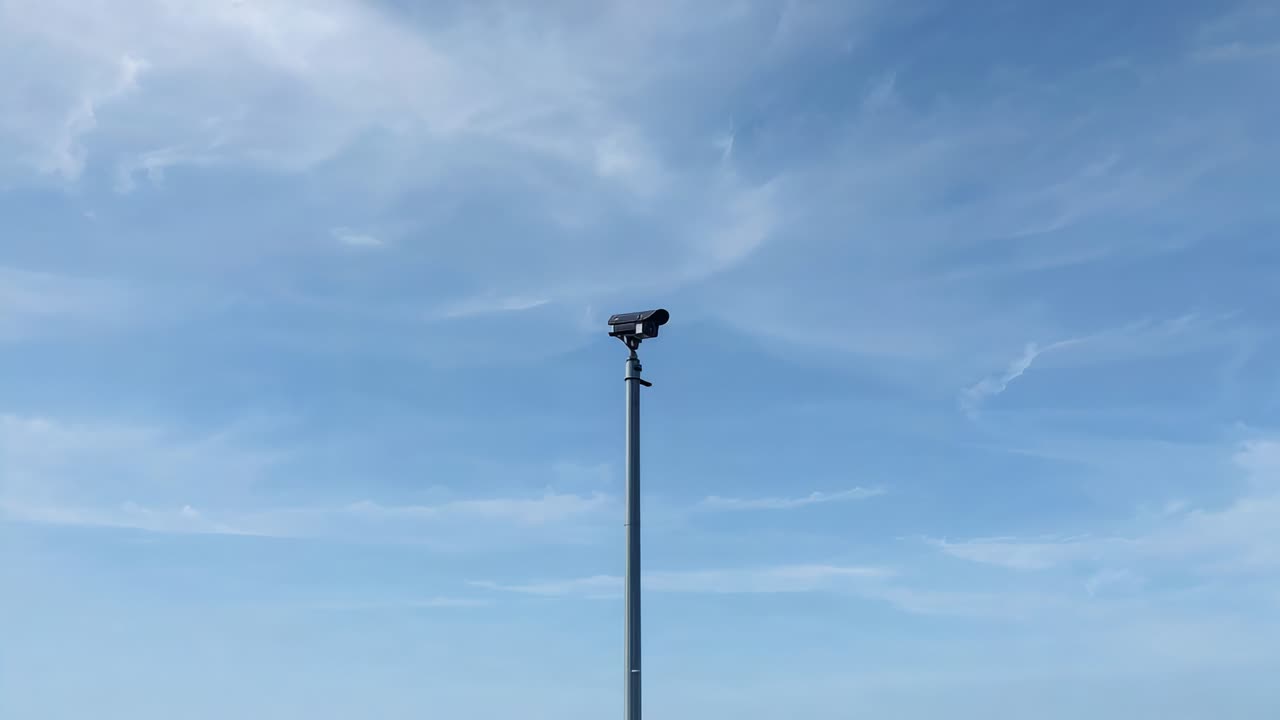 Telecamera di sorveglianza rotante che si inclina in senso orario durante una sequenza di fotogrammi su un alto palo di metallo, monitoraggio