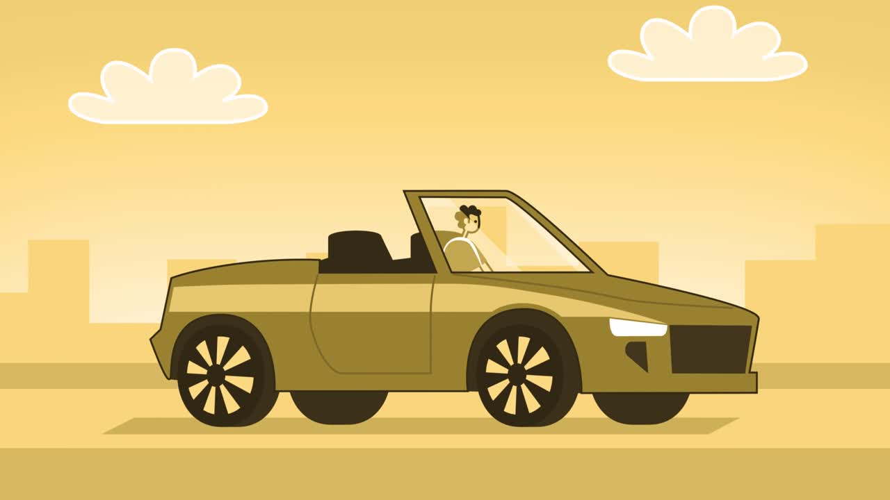 желтый стиль человека плоский персонаж, управляющий кабриолетом. изолированная цикла анимации с альфа-каналом