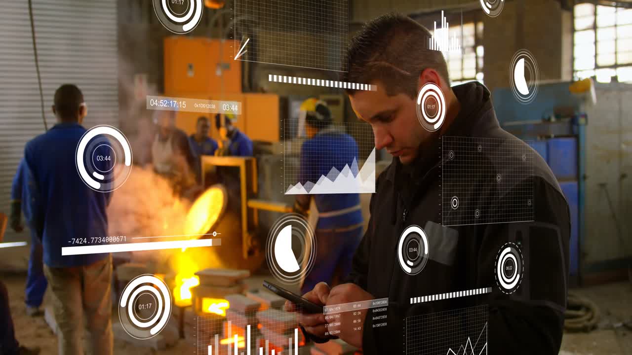 Vertical video: Lead tapping tablet in foundry, HUD data overlaying molten pour, ensuring control