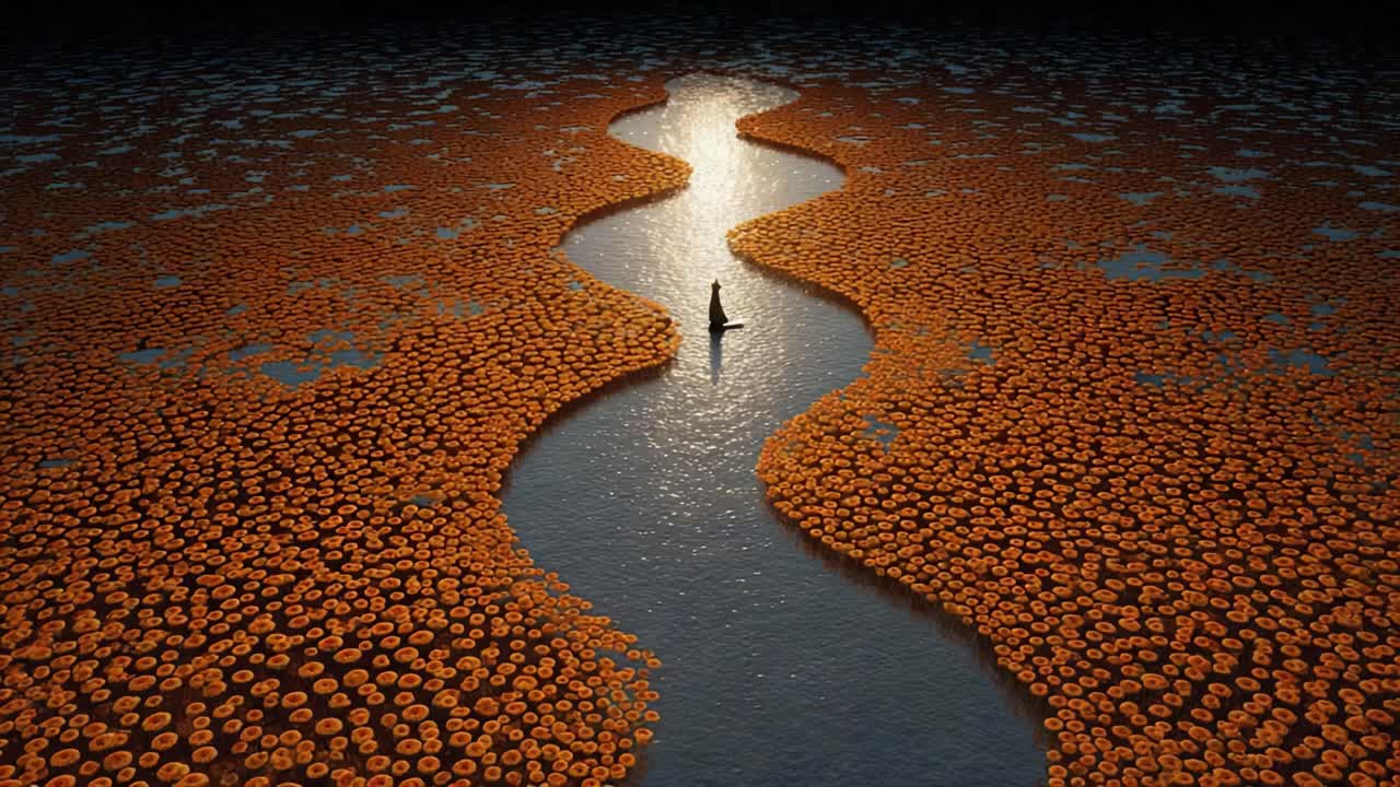 A Serene Landscape of a Dazzling River Meandering Through a Sea of Vibrant Orange Flowers Under a Glowing Sunset Sky