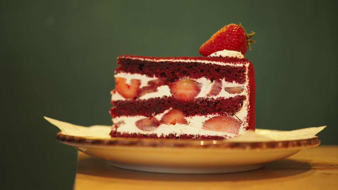 una rebanada de pastel de terciopelo rojo con fresas