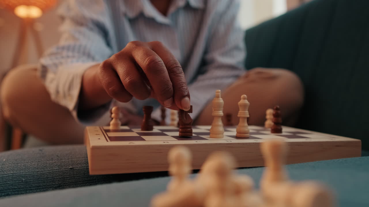 Person Playing Chess and Moving Knight Piece