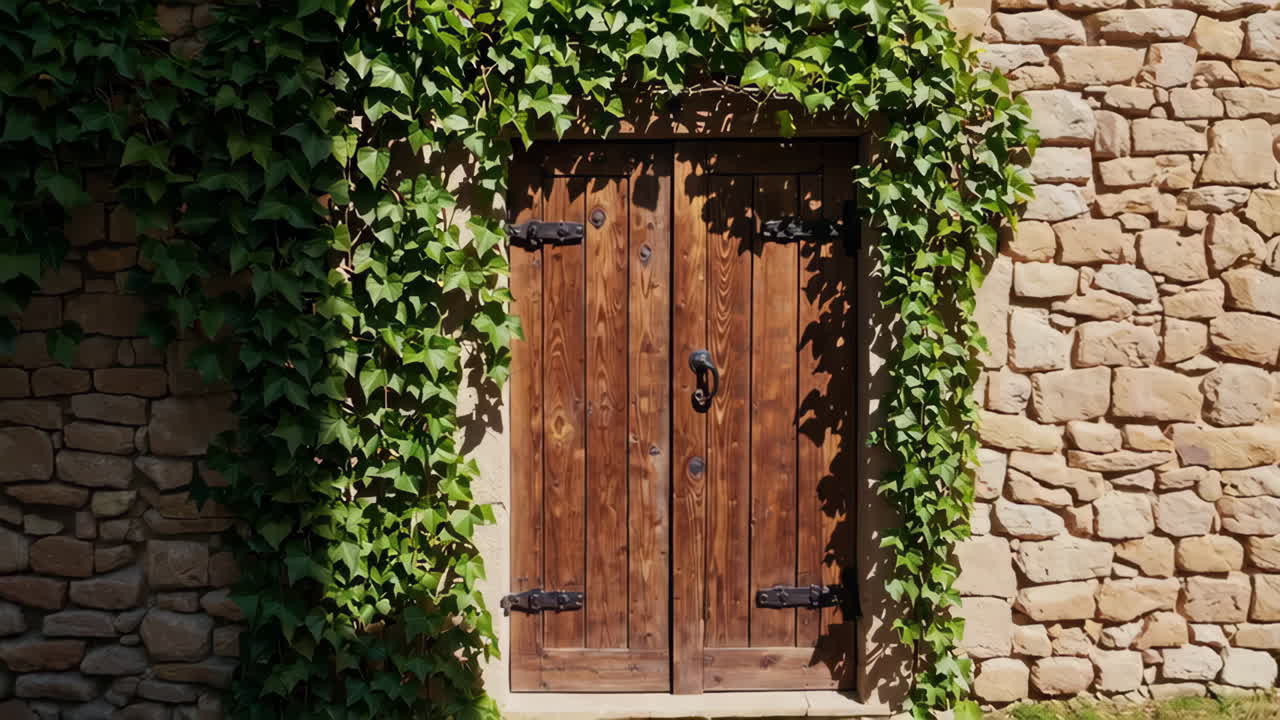 Rustic Wooden Door with Ivy on a Stone Wall