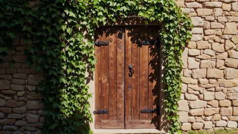 rustic wooden door with ivy on a stone wall