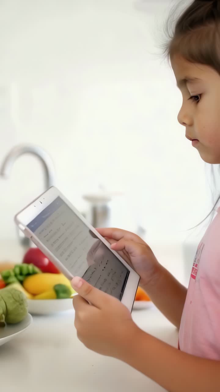 Little hispanic girl using a tablet in the kitchen.