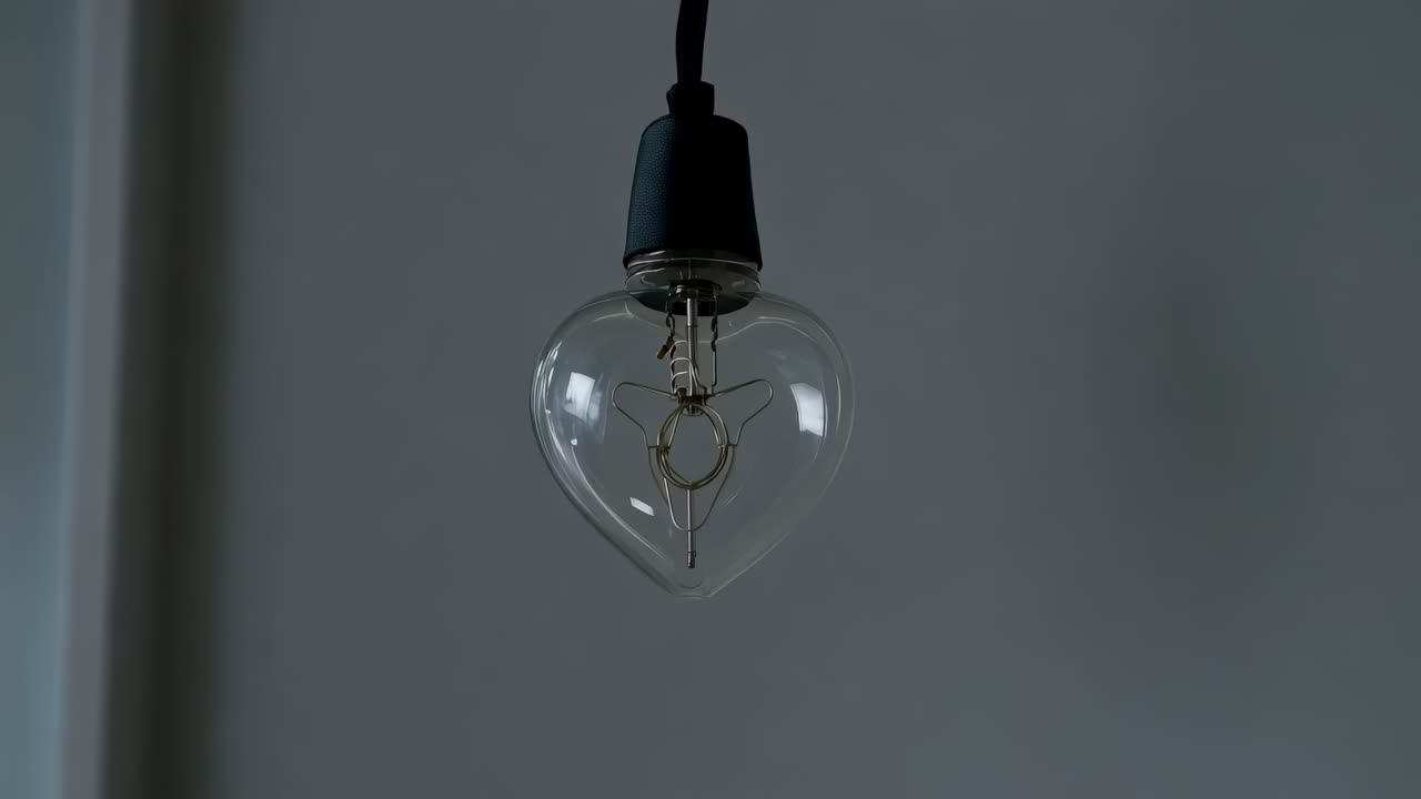 Switch flip sending heart bulb cycling light stages in room, warming wall tones, filament visible