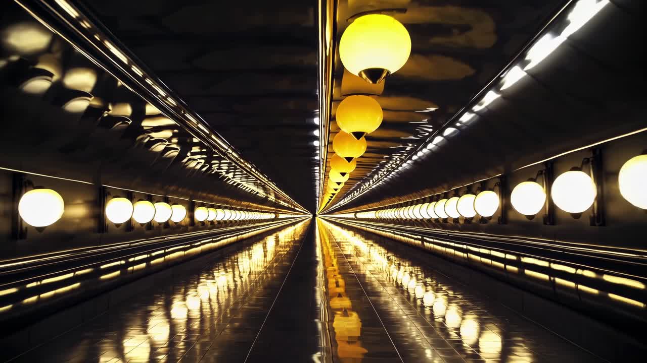Capturing a perspective view of a long tunnel illuminated by lights along the sides and ceiling, creating a mesmerizing atmosphere as it vanishes into the distance