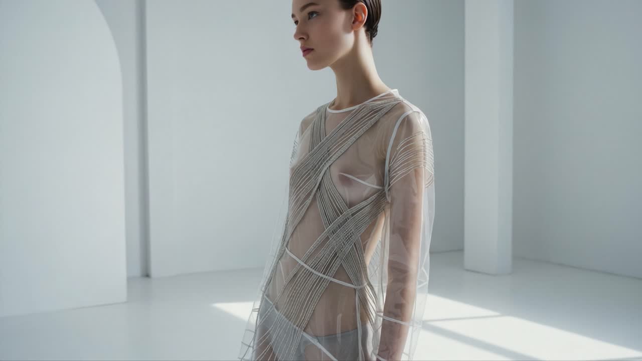 A Striking Fashion Display: Elegant Figure in a Sheer, Artistic Outfit Showcases the Intersection of Modern Design and Minimalist Aesthetics