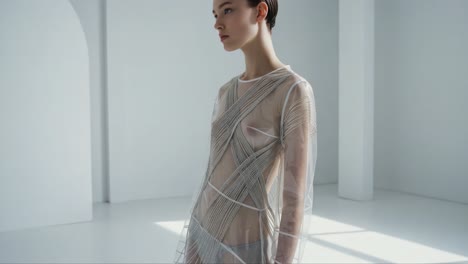 a striking fashion display: elegant figure in a sheer, artistic outfit showcases the intersection of modern design and minimalist aesthetics