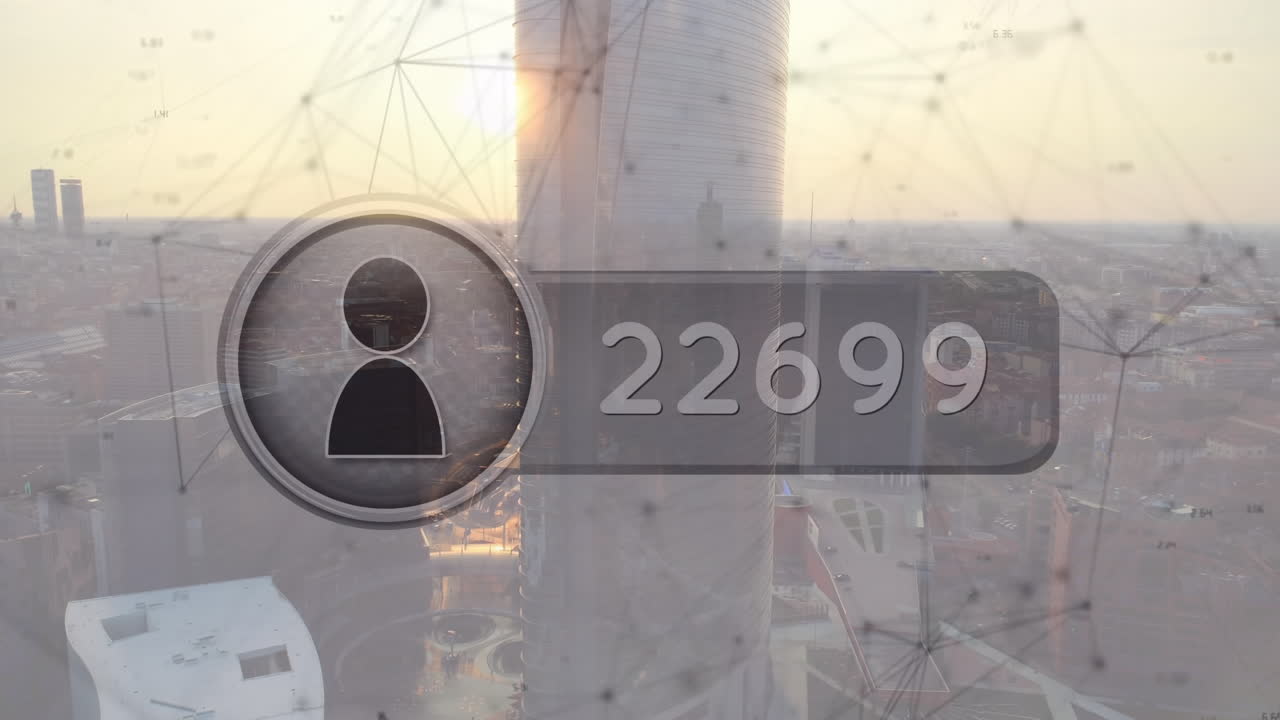 도시 풍경 위의 아이콘과 연결 네트워크의 애니메이션