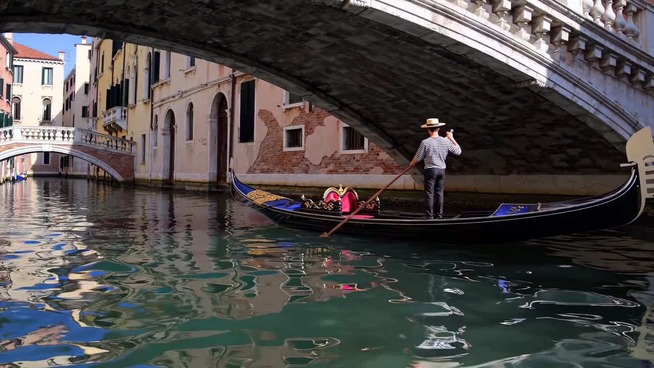 Un gondoliere naviga in un canale veneziano, ripreso da un'angolazione bassa.