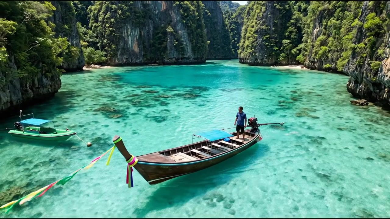 Paisaje escénico de lago turquesa con barco en un destino de viaje tropical
