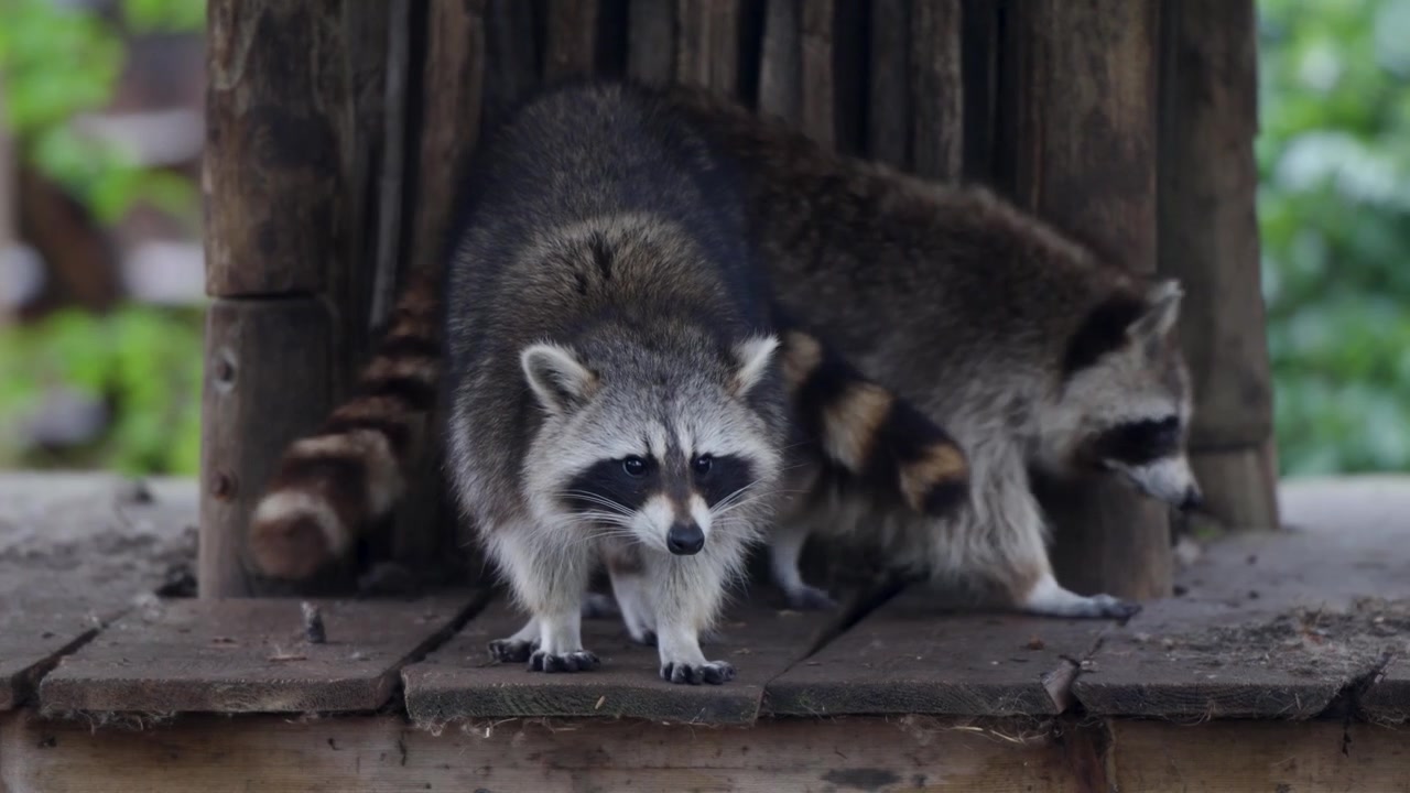 Procione che cerca cibo e si muove lungo un ponte di legno stagionato allo zoo, con uno sfondo verde lussureggiante.
