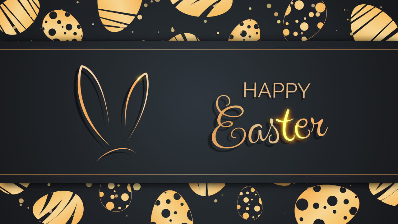 Golden Easter eggs with bunny ears and festive greeting card with inscription Happy Easter on black background with ribbon. Looped animation.