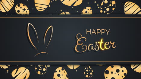 golden easter eggs with bunny ears and festive greeting card with inscription happy easter on black background with ribbon. looped animation.