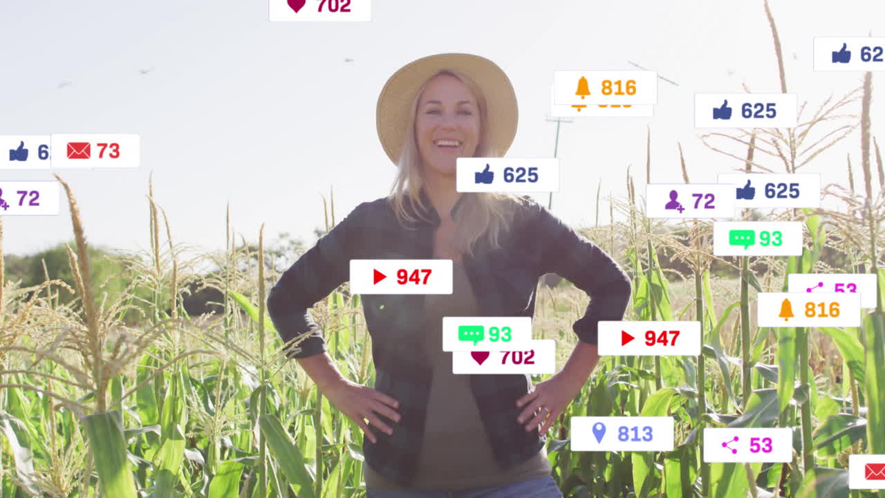 социальные сети уведомления анимация над женщиной, стоящей в кукурузном поле